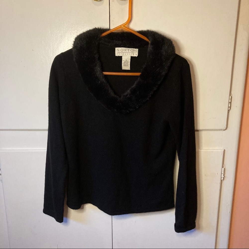 Elegant Faux Fur Collar Black Top